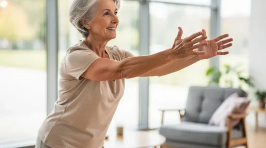 Senior pratiquant des étirements doux dans une salle lumineuse de résidence
