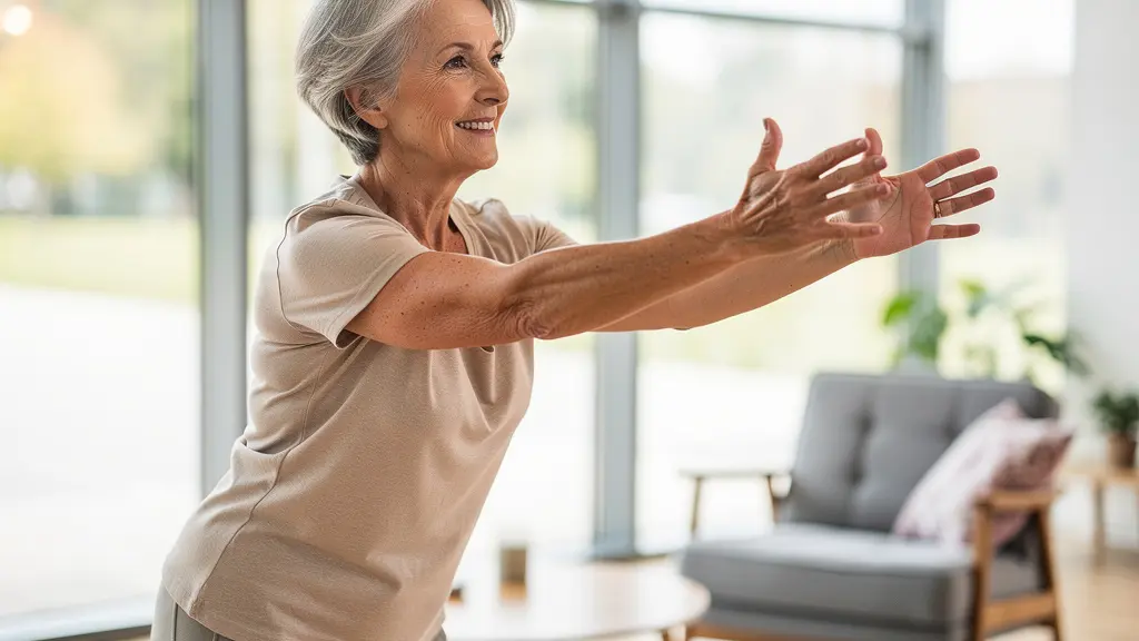 Senior pratiquant des étirements doux dans une salle lumineuse de résidence