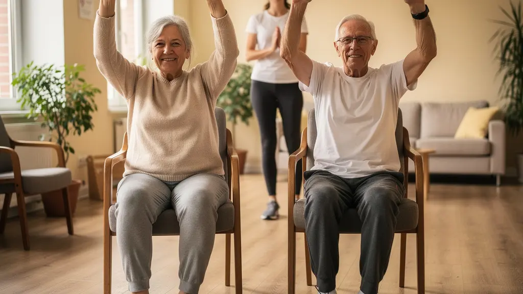 Deux seniors pratiquant le yoga sur chaise en résidence services